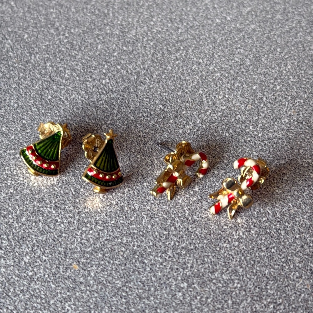 Vintage Christmas Tree And Candy Cane Earrings - 2 Pair